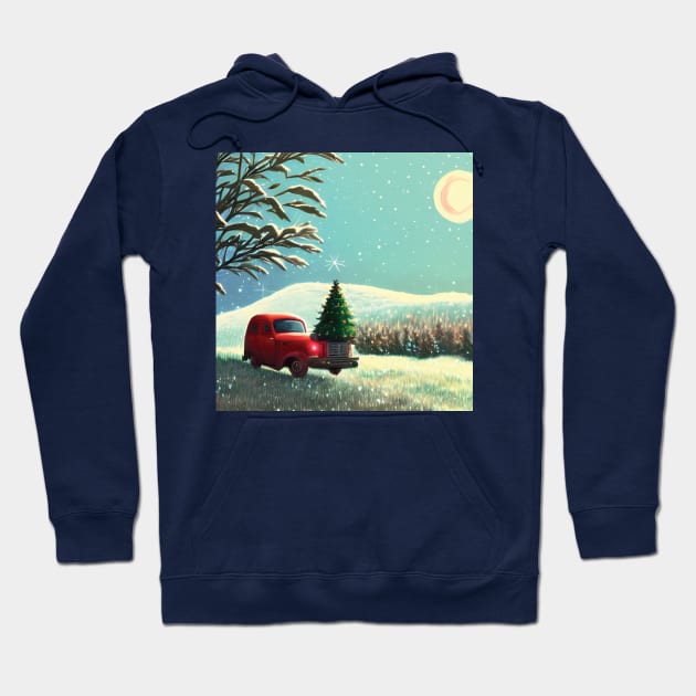 Vintage Red Christmas Truck Wanderlust in the Xmas Tree Farm 60s Christmas Vacation Hoodie by DaysuCollege